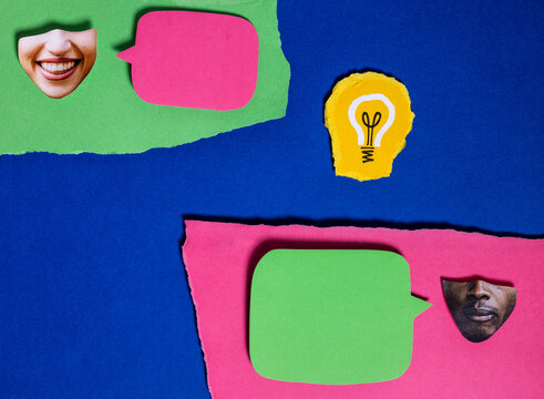 Analog collage, two people discuss an idea together