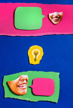 Analog collage of two joyful women discussing an idea