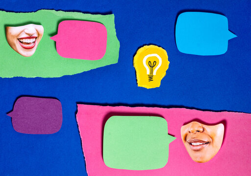 Analog collage of two joyful women discussing an idea