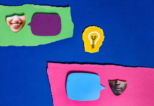 Analog collage, two people discuss an idea together
