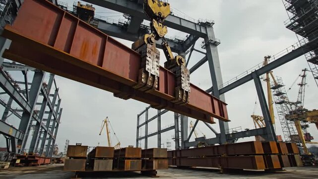 Heavy steel beam lifted by crane at industrial construction site