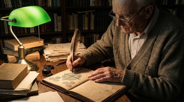 Senior man artist drawing celtic symbol in old diary with quill pen. Scholar writing in vintage book at wooden desk by green lamp. Literature, history and ancient craft creative concept.