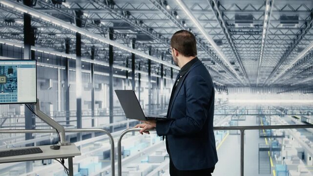 Looking at data, laptop and portrait of cheerful man improving microchips fabrication supply chain yield. Visualizing semiconductors production, bottlenecks and Jolly manager in using notebook