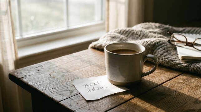 Cup of Coffee with Single Note Idea on Wooden Table
