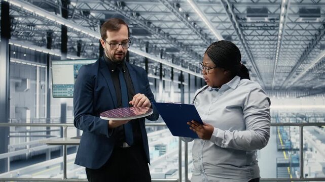 Optimizing photolithography, semiconductor substrate and workers in microchip smart factory reviewing design. Trialing silicon wafer materials, teamwork and colleagues in industrial plant, camera A