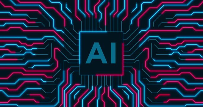Beautiful motion graphic of an Artificial Intelligence AI microchip with neon blue and pink energy network circuits