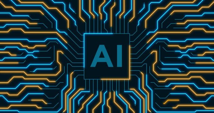 Beautiful motion graphic of an Artificial Intelligence AI microchip with neon blue and orange energy network circuits