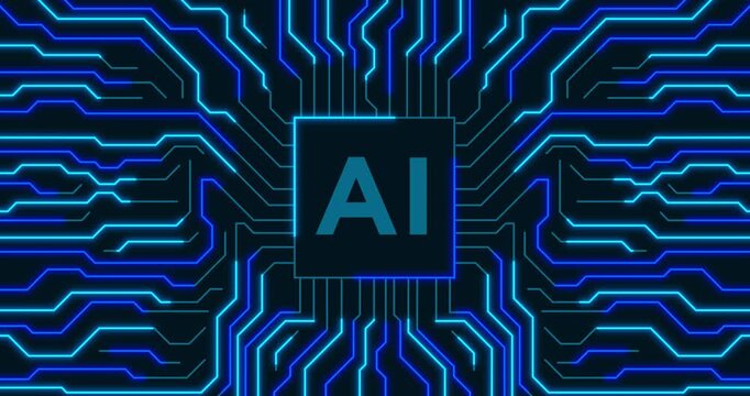 Beautiful motion graphic of an Artificial Intelligence AI microchip with neon blue energy network circuits