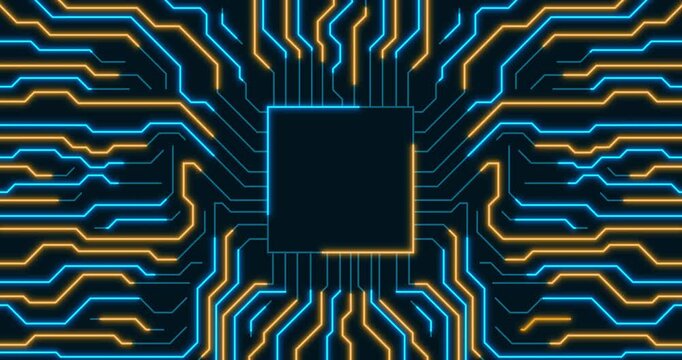 Beautiful motion graphic of a microchip with neon blue an orange energy network circuits