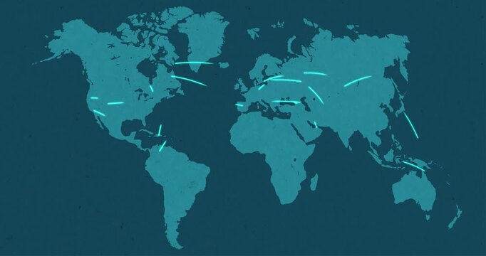 Beautiful motion graphics of a blue world map with blue network neon beam connections networking and tech concept
