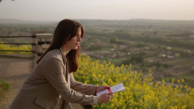 Thoughtful melancholic woman reading a love letter at sunset