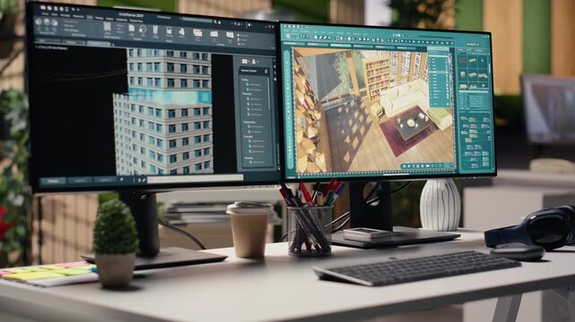 Empty agency with PC monitor showcasing blueprint drafting and 3D modeling software on screen. Digital program emphasizes creative floor plan visualization for layout in a office environment.