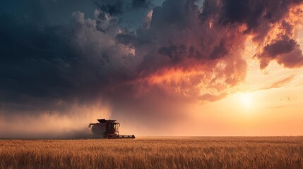 Fototapeta premium Large agricultural machine harvests grain under dramatic storm clouds at sunset
