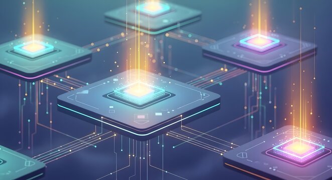 Cloud Computing Platform, Digital Chip Network, Connected Server Nodes, Futuristic Data Architecture, Smart System Layers, High-Tech Processing Grid, Distributed Computing Stack, AI Infrastructure Pla