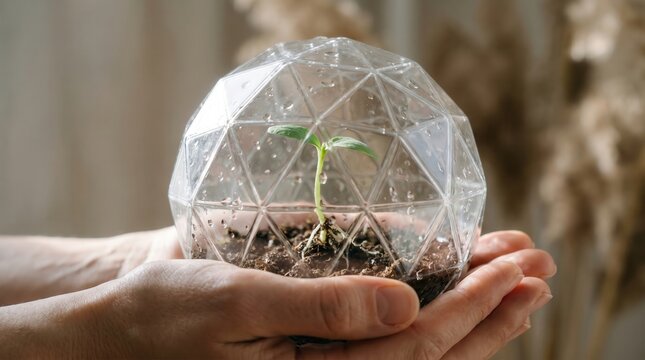 Small Sprout Growing Inside Geometric Dome