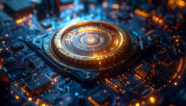 Glowing Quantum Computer Processor Core with Golden Rings on Circuit Board