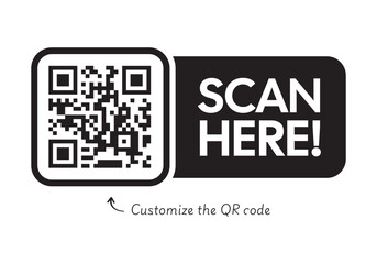 Fototapeta premium Black Scan Here QR Code Label High Quality Vector Graphic with Customizable Digital Matrix Barcode for Modern Business Marketing and Retail Signage