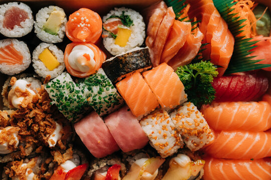 Close Up of Assorted Sushi Rolls and Nigiri