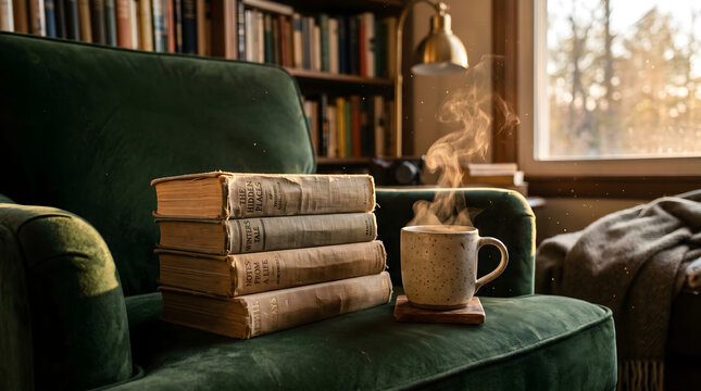 Cozy reading nook with stack of old books and steaming mug of coffee by window.