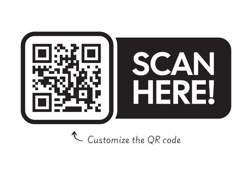 Black Scan Here QR Code Label High Quality Vector Graphic with Customizable Digital Matrix Barcode for Modern Business Marketing and Retail Signage