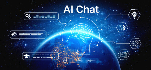 Obraz premium AI chatbot interface for customer support and automated messaging. Chatbot conversation, automation, analytics, AI user experience for modern digital business optimization service. Corpus