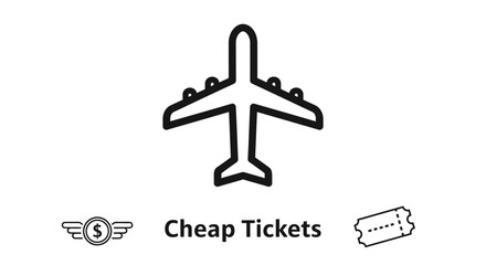 Fototapeta premium Cheap flight tickets icon set with airplane, dollar coin with wings, and travel ticket symbol.