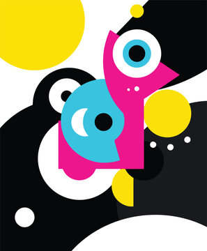 A vibrant and playful abstract illustration featuring a stylized animal face with colorful shapes and bold geometric patterns.