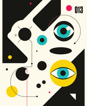 A vibrant abstract illustration featuring multiple stylized eyes and geometric shapes in a modern design