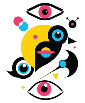 A vibrant and playful illustration of a face with multiple eyes and colorful shapes