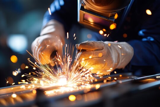 Skilled Welder Creating Metal Office Chair Frame with Sparks During Welding Process