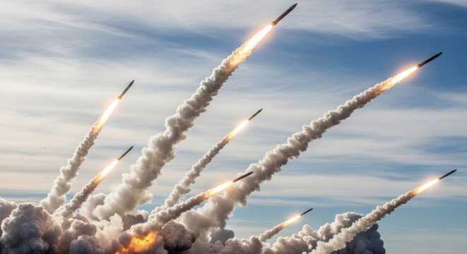 Powerful rocket missiles flying upwards with bright fire exhaust during a massive army defense drill.