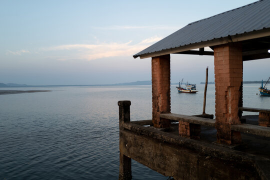 Fishing boats moored off the coast of Southern Thailand.