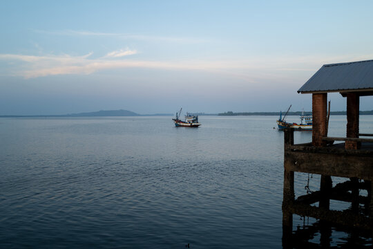 Fishing boats moored off the coast of Southern Thailand.
