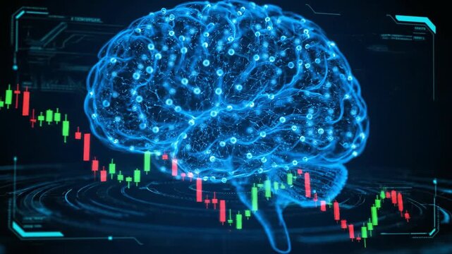 Digital brain with neural network animation and financial candlestick graph. Artificial intelligence and stock market analysis concept.