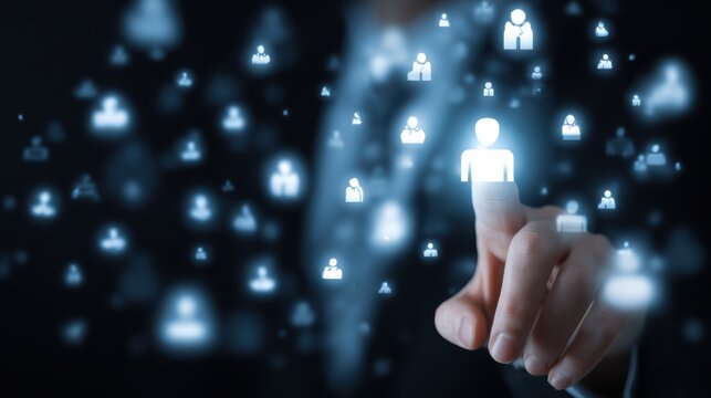 Hand Pointing to Glowing User Interface Icon Digital Network Concept Close Up