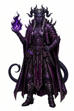 Full body dark fantasy tiefling warlock holding dark fire orb on isolated white background
