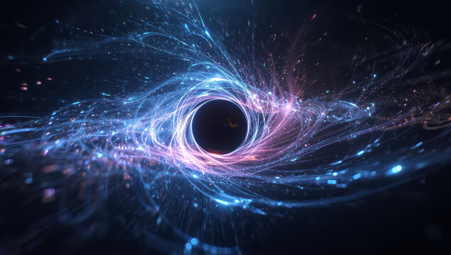 Swirling glowing time portal with luminous tendrils and particle motion, mysterious energy vortex