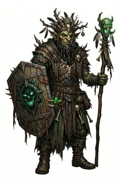 Fantasy goblin shaman with skull staff and cursed shield isolated on white background