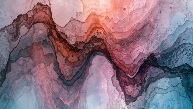 Abstract fluid ink landscape with layered translucent waves and warm cool tones
