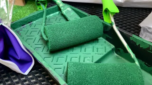 Foam rollers for painting tasks for renovating various surfaces in home environment. Interior design, tools for improvement wall in room, bright saturation green color and dry paint