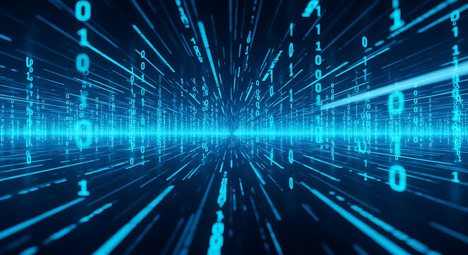 Digital binary code stream with glowing blue numbers and data lines flowing through a dark cyberspace tunnel for information technology background