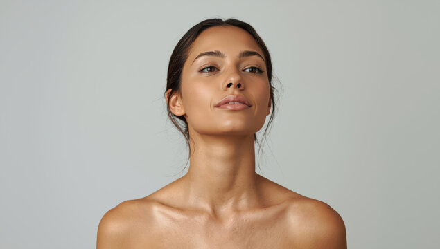 Radiant woman portrait with relaxed open posture and soft shoulders, confident expression