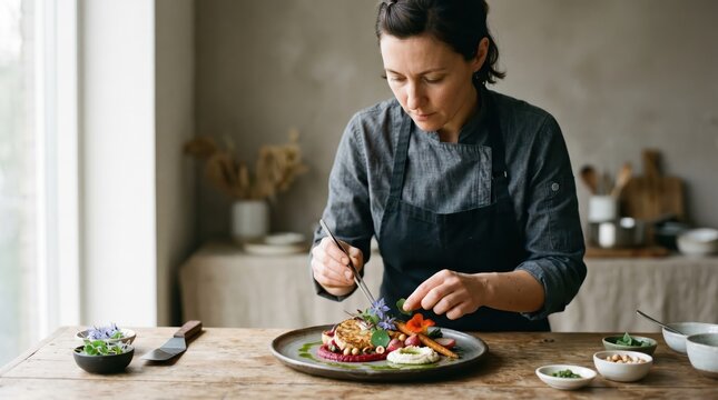 Chef plating vegetable dish with tweezers at kitchen table