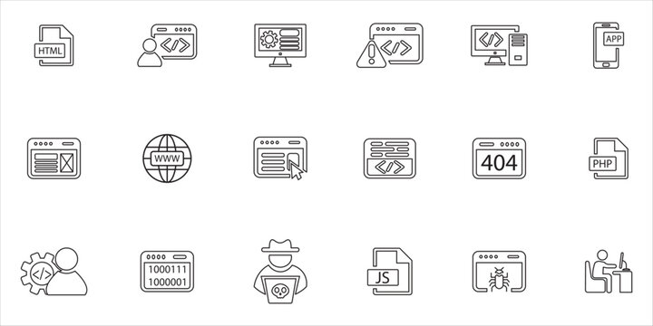 programming coding icon set. website, programmer, developer, software and more. simple line vector