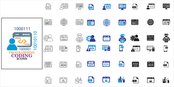 programming coding icon set. app, web, programmer, developer, software and more. simple complete vector
