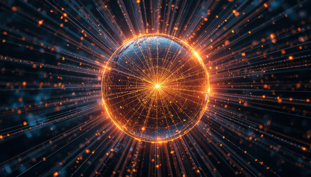 Glowing data core sphere radiating orange light with digital network lines and particles
