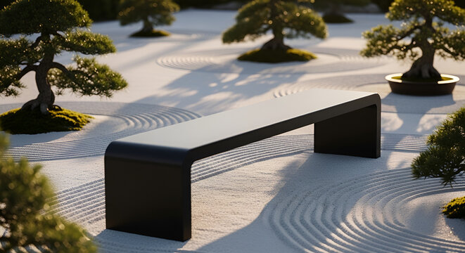 Minimalist black corian bench in a serene japanese zen garden