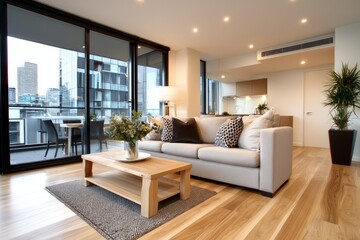 Fototapeta premium Stylish Modern Apartment Interior with Minimal Furniture and Bright Natural Light