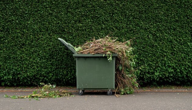 Garden Waste Bin Filled with Branches and Clippings Outdoor Hedge Background