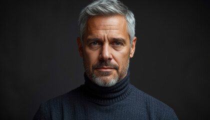 Fototapeta premium Mature man with gray hair and beard wearing dark turtleneck, serious expression, studio portrait